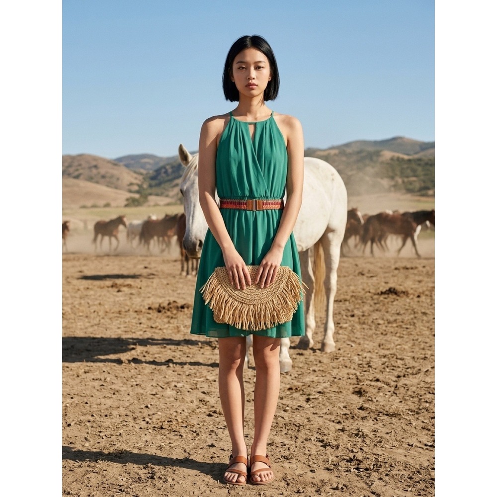 BCX Green Solid Chiffon Halter Sleeveless Mini Dress Belted Lined S